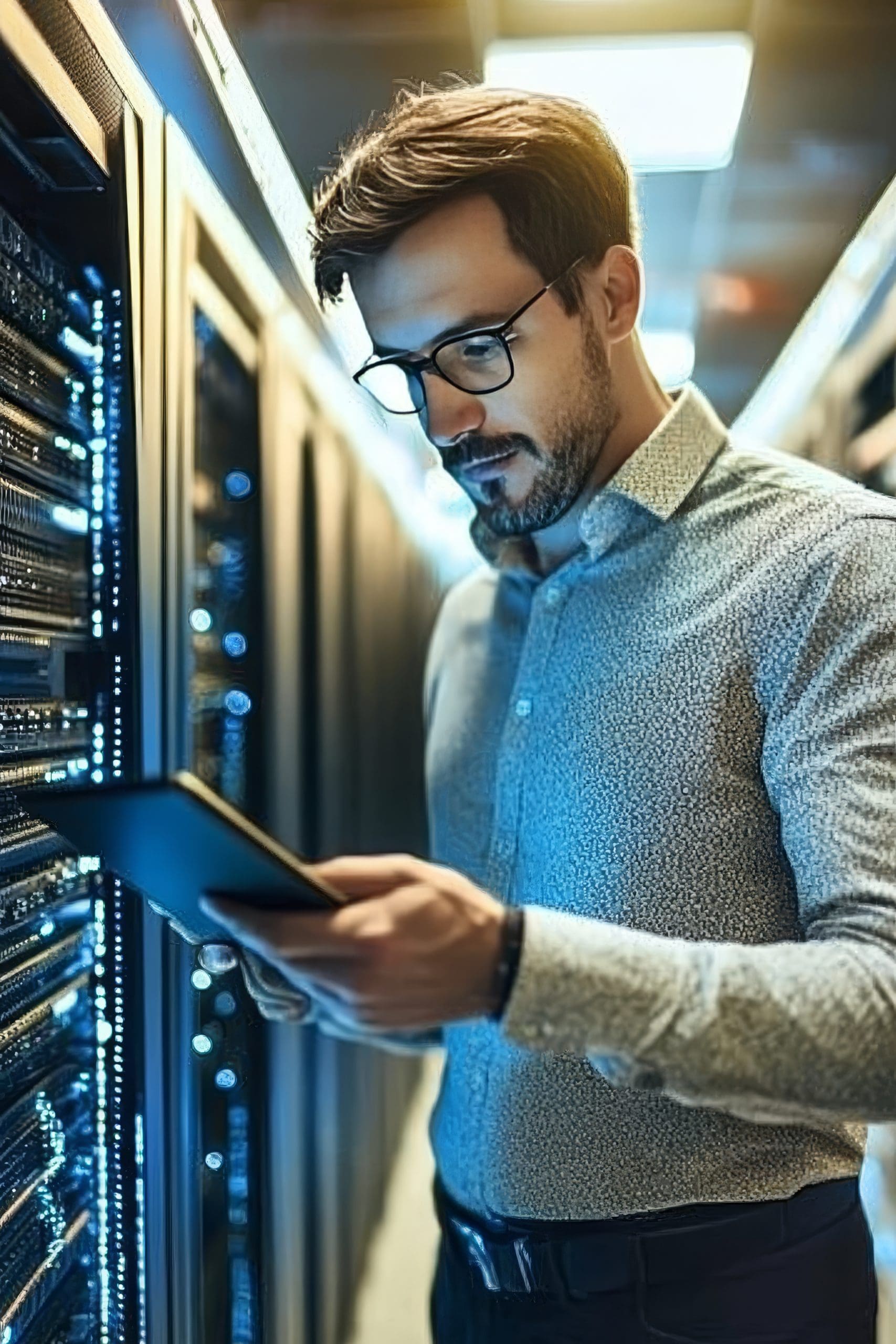 IT Specialist Monitoring Server Performance Male Technician Using Digital Tablet in Data Center